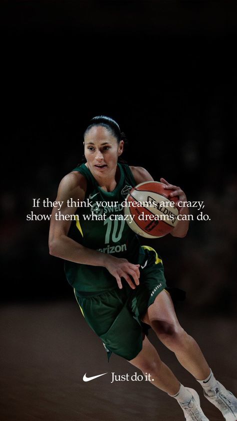 WNBA player, Sue Bird, featured in Nike's "Dream Crazier" campaign, challenging double standards for women in sports and encouraging young women to dream big. Female Athlete Quotes, Quotes Sports Motivation, Bball Quotes, Cowgirl Baddie, Nike Advertisement, Basketball Quotes Inspirational, Basketball Board, Quotes Sports, Player Quotes