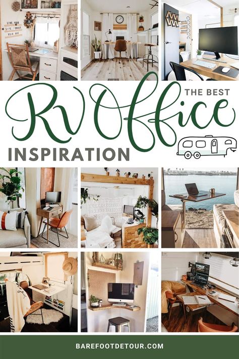 16 Amazing Inspiration pictures of RV office set-ups for digital nomads, check out some tips and gear to get your mobile office set up in your RV. #rvoffice #digitalnomad #rvdesk #smalldesk Rv Office, Renovated Rv, Rv Interior Design, Rv Redo, Trailer Conversion, Bus Living, Bus House, Mini Office, Rv Homes