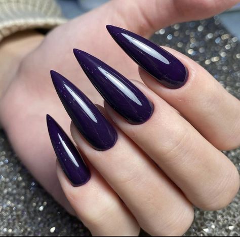 Purple Pointy Nails, Dark Purple Stiletto Nails, Purple Stiletto Nails Design, Purple Stiletto Nails, Ballerina Acrylic Nails, Dark Purple Nails, Sharp Claws, Black Stiletto Nails, Long Stiletto Nails