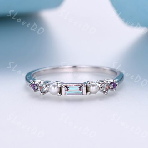 Pearl And Alexandrite Ring, Birth Ring, Wedding Band Baguette, Alexandrite Wedding Band, Amethyst Wedding Band, Baguette Wedding Band, Amethyst Wedding, Stackable Wedding Bands, Alexandrite Ring