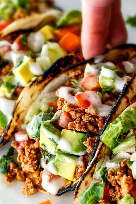 Carlsbad Cravings Recipes, Ground Turkey Taco Recipes, Turkey Tacos Recipes, Turkey Recipes Healthy, Turkey Taco Lettuce Wraps, Turkey Taco Salad, Beef Nachos, Ground Turkey Tacos, Ground Turkey Recipes Healthy