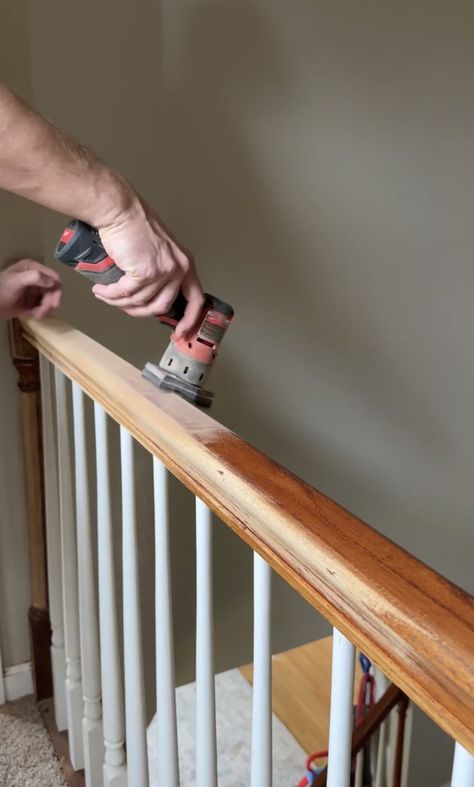 How to Refinish Staircase Railings #Post Title﻿ ﻿-﻿ ﻿#Site Title Redo Handrail Stair Railing, 1990s Staircase Remodel, Updated Stair Railing Wood, Painted Wainscoting With Stained Trim, Stairs Bannister Ideas, Refinishing Stair Railing Banisters, How To Repaint Stair Railing, Round Table By Staircase, How To Refinish Stair Banister