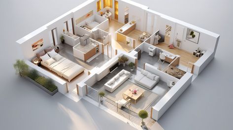 Ground Floor 3d Interior Design Of Apartment From A Top View#pikbest#Backgrounds#Others Table Top View, 3d Floor Plan, Interior View, 3d Interior Design, Brown Floors, 3d House, Apartment Plans, 3d Floor, Modern Shelving