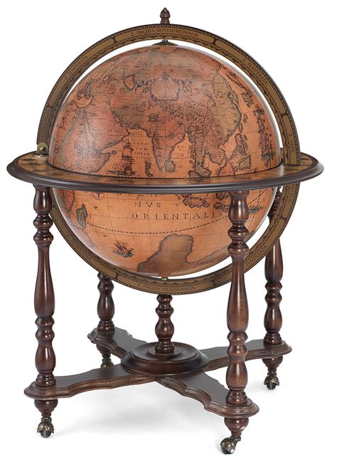 "Achille - Extra Large Bar Globe on Casters (Antique Style, XVI Century) Impress your guests with the Achille, a stunning floor-standing extra large bar globe on casters. The exclusive museum-quality reproduction of the 16th-century map on the Achille Globe Bar will add class and elegance to your home, office, or space of your choice. The vintage reproduction map of the world globe is crafted in the traditional manner using layers of printed paper gores. The top of this extra large world globe b Globe Bar, Large Bar, Mini Bars, Map Of The World, World Globe, Drinks Cabinet, Bar Cabinet, Mini Bar, Modern Room