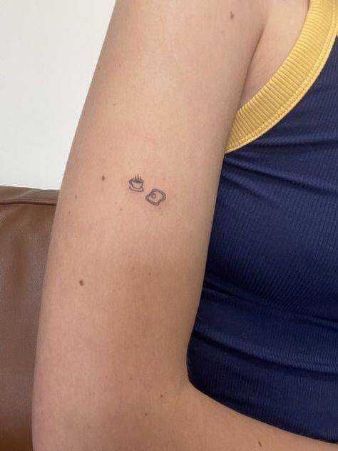 Minimalistic Harry Styles Tattoo, Tea And Toast Tattoo Harry Styles, Lovesick Tattoo, Matilda Inspired Tattoo Harry Styles, Toast Tattoo Cute, Tea And Toast Tattoo, Pie Tattoo Simple, Toast Tattoo, Fine Line Tattoo Harry Styles Minimalist