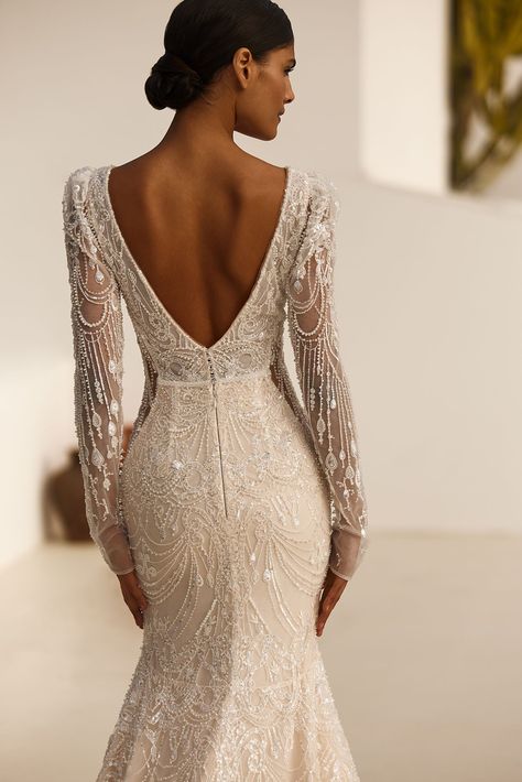 Magic Affection.The perfection of an elegant figure and a graceful delicate state will be successfully emphasized by the mermaid silhouette dress in l Wedding Dress With Long Sleeves, Long Lace Sleeves, Amazing Wedding Dress, Wedding Look, Sleeve Wedding Dress, Cute Wedding Ideas, Exclusive Wedding, Wedding Dress Couture, Dress With Long Sleeves