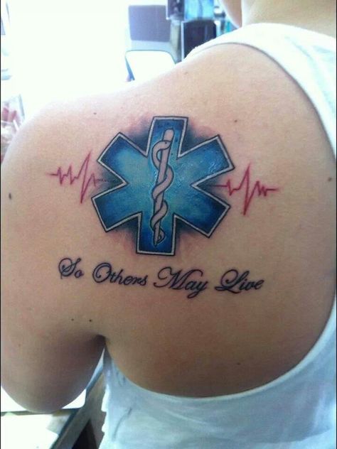 Star of Life tattoo. I'd get it in a different spot with a smaller scale, but I'd love it! First Responder Tattoo Ideas, Star Of Life Tattoo, Paramedic Tattoo, Ems Tattoos, Fire Fighter Tattoos, Nurse Tattoo, Medical Tattoo, Tattoo Meaning, White Tattoo