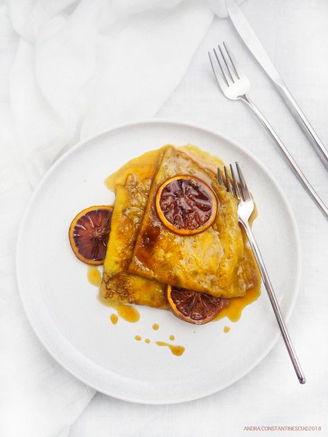 blood orange crepes suzette recipe - Andra Constantinescu Crepe Suzette Recipe, Candied Orange Slices, Crepe Suzette, How To Make Crepe, French Crepes, Kinds Of Desserts, French Dessert, Desserts Menu, Grand Marnier