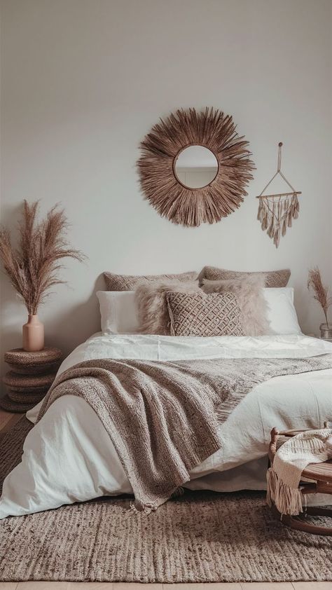 A serene bedroom with neutral tones, soft bedding, textured pillows, and minimalist decor that exudes peace and tranquility. Boho Room Aesthetic, Boho Style Bedroom, Cozy Boho, My Own Home, Grey Flooring, Boho Room, Style Bedroom, Boho Bedroom, Room Aesthetic