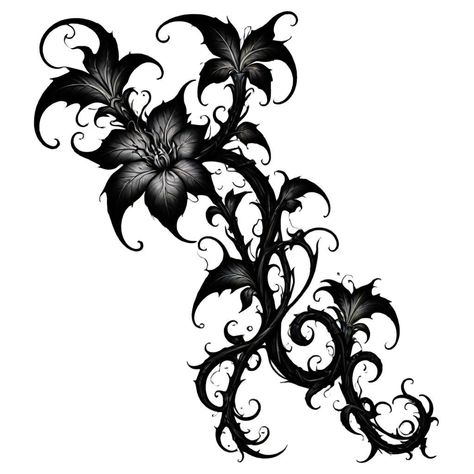 Aesthetic Flowers Tattoo, Thigh Garden Tattoo, Elegant Goth Tattoo, Dark Nature Tattoo Sleeve, Poison Flower Tattoo, Drooping Flower Tattoo, Emo Flower Tattoo, Tattoo Art Drawings Dark, Dark Vine Tattoo