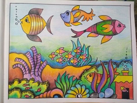 Under Water Scene Drawing, Life Under Water Drawing, Underwater Scenery Drawing, Fish Tank Drawing, Nature Drawing Pictures, Intermediate Drawing, Aquarium Drawing, Under The Sea Drawings, Master Stock