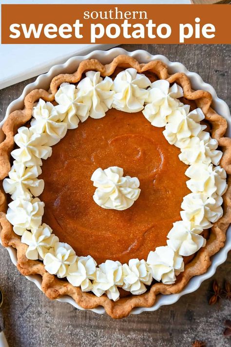 This Southern Sweet Potato Pie has the creamiest, spiced brown sugar sweet potato filling in a buttery crust and topped with fresh whipped cream. This is the perfect Fall and Thanksgiving dessert. Sweet Potato Pie With Pecan Topping, Sweet Potato Pie Recipes, Sweet Potato Pie Filling, Sweet Potato Filling, Southern Sweet Potato Pie, Brown Sugar Sweet Potatoes, Best Pumpkin Pie Recipe, Sweet Potato Pie Southern, Modern Honey