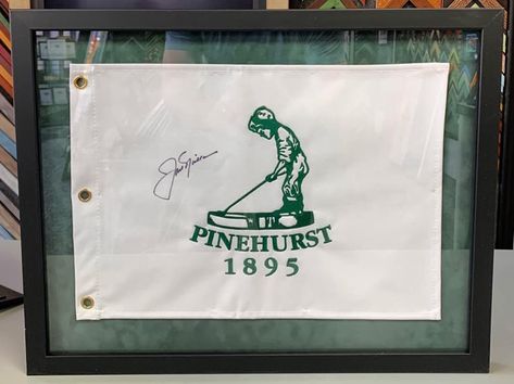 ⛳️ Pinehurst Resort flag custom framed with suede matting, UV glass and black wood frame! #art #framing #denver #colorado #pictureframing #customframing #pinehurst #golf #sportsframing #shadowbox Framed Golf Flag, Golf Flag Display Ideas, Golf Flag Display, Flag Display Ideas, Golf Display, Golf Flags, Pinehurst Golf, Sports Cave, Office Golf