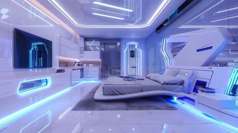 A high-tech futuristic bedroom with sleek furniture, blue ambient lighting, and modern decor. Advanced technological. Elements, including integrated Futuristic Rooms, Futuristic Bedroom, Furniture Blue, Sleek Furniture, Ambient Lighting, Modern Lighting, High Tech, Modern Decor, Sleek