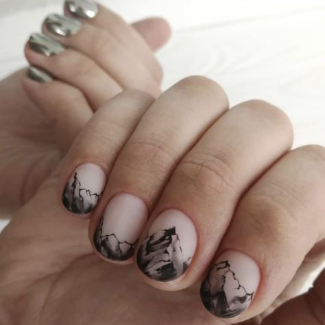 Mountain Nail Art Design, Mountain Nails Designs, Nature Inspired Nails, Mountain Nail Art, Mountain Nails, Nail Design Ideas 2023, 2023 Spring Nails, Summer Nail Design Ideas, Crazy Nail Designs