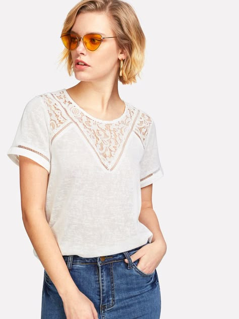 Shop Lace Insert Short Sleeve T-shirt online. SheIn offers Lace Insert Short Sleeve T-shirt & more to fit your fashionable needs. Lace Tee, Love Jeans, Floral Decoration, Lace Insert, T Shirt And Jeans, Boho Casual, Women T Shirts, Knit Fashion, Neck Pattern