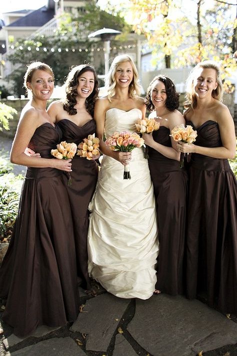 38 Cute Chocolate Brown Wedding Ideas | HappyWedd.com Chocolate Brown Bridesmaid Dresses, Brown Bridesmaids, Chocolate Brown Bridesmaid Dress, Brown Dresses Outfit, Chocolate Brown Wedding, Brown Weddings, Brown Wedding Themes, Chocolate Brown Dress, Brown Bridesmaid Dresses