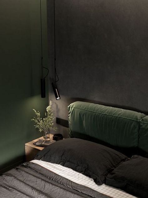 Black Bed Color Schemes, Green Minimalist Interior, Dark Green Modern Bedroom, Men’s Bedroom Colors, Black And Green Bed, Dark Japandi Bedroom, Green Room Bedroom, Man Bedroom Design, Mens Interior Design