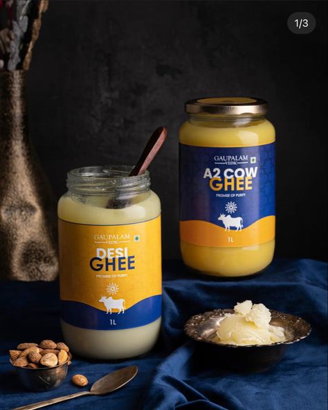 Ghee Photography Ideas, Cow Ghee Packaging Design, Ghee Packaging Design, Dairy Products Photography, Dairy Brands, Couple Illustration Wedding, Organic Ghee, Cheese Packaging, Cow Ghee