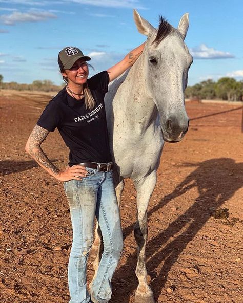 Partners in crime! @life_in_the_topend wearing our iconic womens black signature t-shirt. Shop link in our bio. #fareanddinkum fareanddinkum.com #outbackaustralia #stationlife #topendringer Female Rancher Outfit, Luxury Horse Barns, Western Photoshoot Ideas, Country Couple Pictures, Country Photography, Country Things, Cowgirl Style Outfits, Country Aesthetic, Barrel Racing Horses