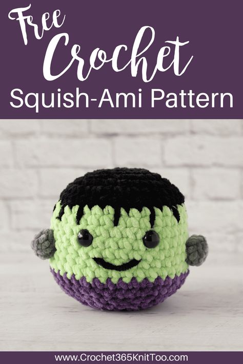 Darling Frankenstein Crochet Squish-Ami is fun and fast to make out of chenille yarn! #crochetsquishami #crochetami #crochetfrankenstein #crochet365knittoo Frankenstein Crochet Pattern Free, Crochet Zombie Pattern Free, Crochet Frankenstein Pattern Free, Free Halloween Amigurumi Pattern, Frankenstein Crochet, Crochet Frankenstein, Crochet Keychains, Quick Projects, Fall Crochet Patterns