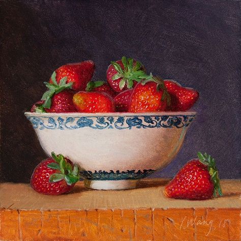 Fruit Bowl Drawing, Strawberry Pictures, Strawberry Drawing, Strawberry Bowl, Crayons Pastel, Vegetable Painting, Painting A Day, Still Life Pictures, Strawberry Art