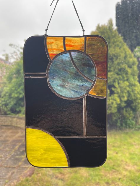 Colorful Streaks: Geometric Planets Stained Glass Panel - suncatcher of space sun and planets bright vibrant glass simple decor and charm by EtherealGlassArt on Etsy Stained Glass Constellation, Stained Glass Panel, Simple Decor, Glass Panels, Suncatchers, Constellations, Glass Collection, Planets, Stained Glass