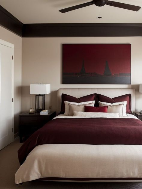 Create a stunning focal point in your bedroom by painting one wall a rich wine red color. Balance out the intensity with neutral bedding, plush throw pillows, and sleek black furniture for a sophisticated and inviting space. Wine Red Bedroom, Red Accent Wall, Red Bedroom, Neutral Bedding, Wine Red Color, Bedroom Red, Black Furniture, Color Balance, Red Accents