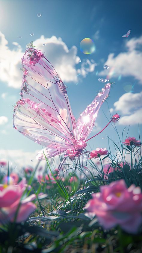 #PinkButterflySculpture #Glass #Crystal #Meadow #DreamyAtmosphere #BlueSky #WhiteClouds #PinkRoses #YimLian #9:16AspectRatio #TheCandie Pink Dreamy Aesthetic, Dreamy Art Aesthetic, Magical Butterflies, Soft Dreamy Aesthetic, Iridescent Aesthetic, Magic Butterflies, Dreamy Background, Butterfly Sculpture, Magical Butterfly