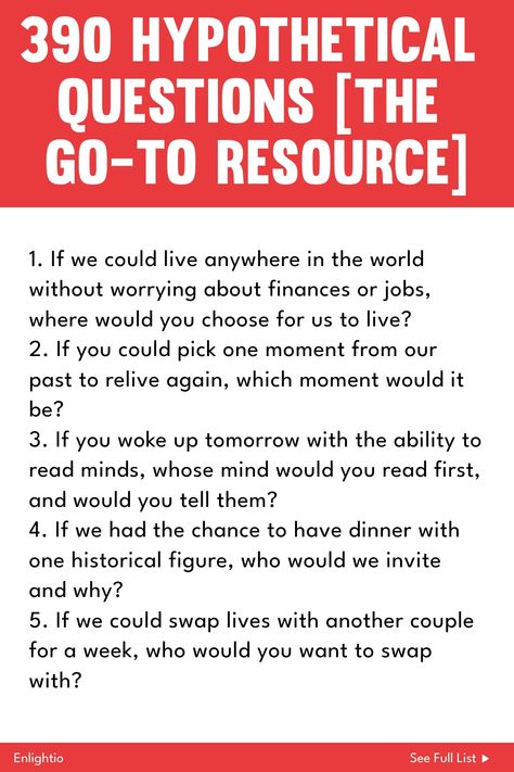 Explore a collection of 390 thought-provoking hypothetical questions with "390 Hypothetical Questions [The Go-To Resource]". Perfect for sparking deep conversations, getting to know someone better, or simply passing the time in a fun way. Add this comprehensive list to your arsenal of conversation starters today! Hypothetical Questions, List Of Questions, Getting To Know Someone, Deeper Conversation, Life Questions, Couple Questions, Fictional World, Conversation Starters, Pick One