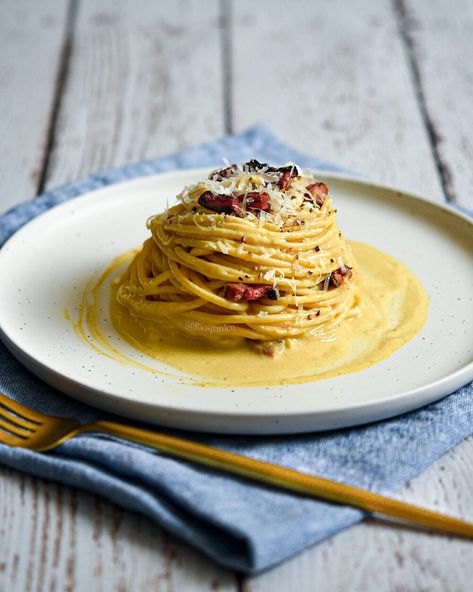 Vegan Carbonara — Rio's Garden Vegan Carbonara Sauce, Vegan Carbonara, Carbonara Sauce, Vegan Parmesan Cheese, No Dairy, Vegan Parmesan, Vegan Gluten Free Recipes, Vegetarian Appetizers, Dairy Products