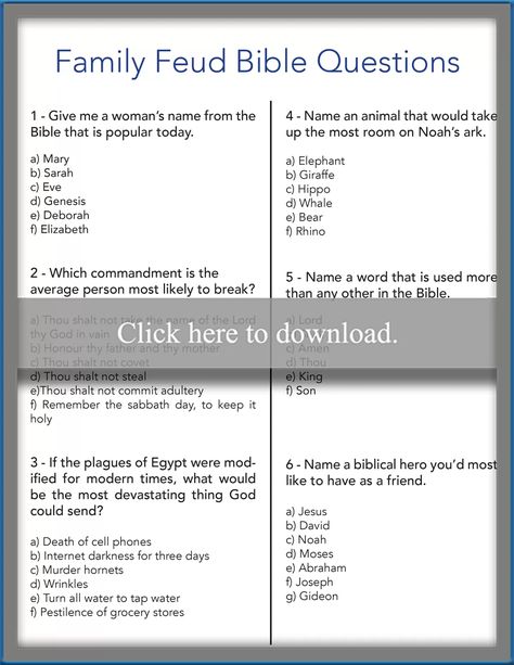 Fun Family Feud Bible Questions (With Printable) | LoveToKnow Lds Family Feud Questions, Bible Family Fued, Family Feud Bible Questions And Answers, Family Fued Diy, Bible Jepordy Questions Free Printable, Jw Party Games, Family Fued Questions And Answers, Bible Jeopardy Questions And Answers, Family Worship Ideas Jw Games