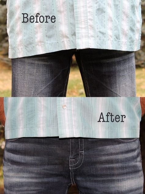 The ideal length for an untucked men's shirt is about halfway between the belt and the bottom of the zipper. How To Make Aprons, Shorten Jeans, Clothing Repair, Sewing Men, Lazy Saturday, Sew Projects, Shirt Hacks, Altered Clothing, Sewing Alterations