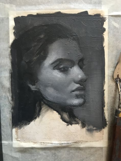 Monochrome Oil Painting Portrait, Gauche Portrait Painting, Monochrome Oil Painting, Under Painting, Painting Sketch, Oil Painting Portrait, Painting Portrait, Painting Inspo, Brunette Hair