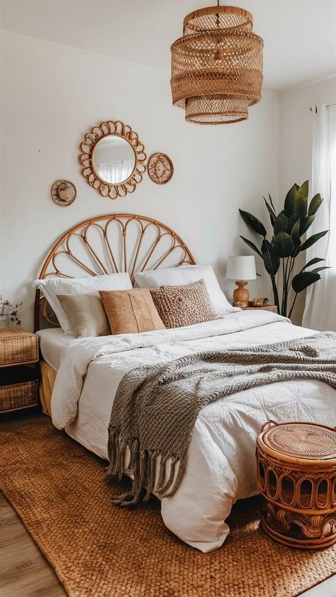 A chic boho bedroom with rattan furniture, woven baskets, and light, natural textures for a breezy, tropical feel. Wicker Headboard Bedroom, Boho Rattan Bedroom, Boho Scandinavian Bedroom, Rattan Accents, Rattan Bed Frame, Rattan Bedroom, Rattan Bed, Wicker Headboard, Boho Style Bedroom