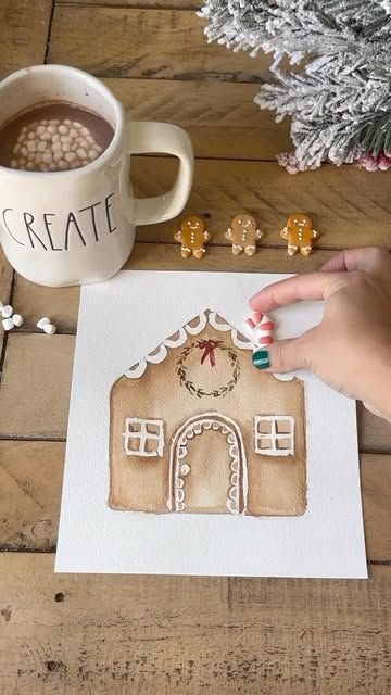 Bree Copley on Instagram: "Get into the holiday spirit and paint these sweet  watercolor gingerbread houses! Set up a hot cocoa bar and invite your friends over for a cozy little paint night! ✨🎨   Here is what you will need :   -WATERCOLOR PAPER , I use @archespapers  -WATERCOLOR PAINT 🎨 Colors : burnt sienna , sap green and crimson red  -MASKING FLUID , this helps to preserve the white of the paper . Apply it where you want your frosting to be and let it dry completely before you paint the house.  Remove once painting is dry.   Let me know if you want the link for the paint supplies and cocoa bar." Watercolor Gingerbread, Tree Watercolor Painting, Dry Brush Technique, Tree Watercolor, Happy Painting, Watercolor Tutorials, Hot Cocoa Bar, Cocoa Bar, Burnt Sienna