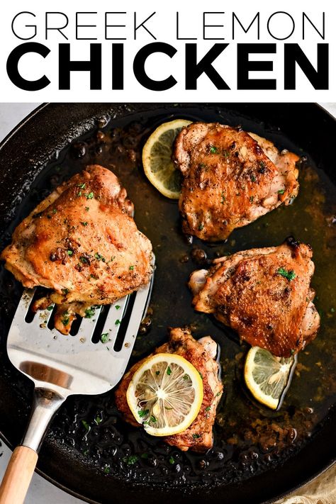 This easy recipe for Greek Lemon Chicken is made with juicy chicken thighs marinated in the most flavorful lemon and garlic marinade. Pan-seared and then baked to golden perfection, enjoy this delicious chicken recipe with all of your favorite Greek-inspired side dishes. Stick Of Butter Rice, Juicy Chicken Thighs, Lemon Chicken Thighs, Greek Chicken Marinade, Garlic Marinade, Greek Potatoes, Greek Lemon Chicken, Lemon Chicken Recipe, Zucchini Casserole