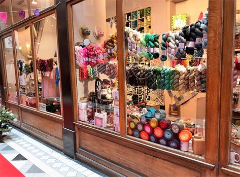 Another Yarn Store in Paris — Travellin' Knitter Yarn Store Display Ideas, Yarn Display, Flag Hanging, Store Window Displays, Store Window, Store Front, Knit Art, Yarn Store, Store Display