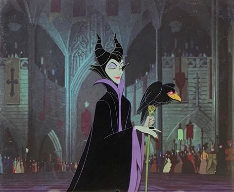 Original hand painted and hand inked production animation cels of Maleficent's Body, Maleficent's Arm & Staff, and Diablo set on a lithographic background from "Sleeping Beauty," 1959, Walt Disney Studios; Production numbers in ink lower cel edges; Size - Maleficent & Diablo: 9 x 6 1/2", Image 11 x 13 1/2"; Unframed. Maleficent Animated, Atlantis Disney, Gothic Fairy Tattoo, Zootopia Concept Art, Concept Art Landscape, Maleficent Disney, Hercules Disney, Sleeping Beauty 1959, Fairy Tattoo Designs