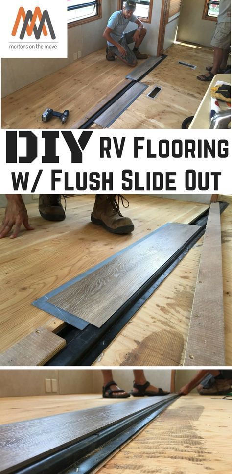 DIY RV Reflooring with a Flush Slide Out. Replaced our carpet and linoleum for Allure Vinyl Plank in our fifthwheel RV. It was so time for some new RV Flooring! Rv Flooring, Camper Flooring, Motorhome Remodel, Rv Redo, Rv Interior Remodel, Camper Trailer Remodel, Wallpaper Luxury, Rv Repair, Travel Trailer Camping