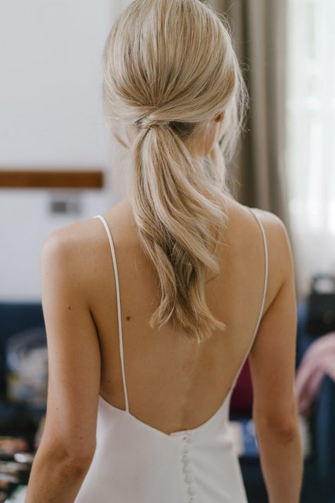 A Bride in The OWN Studio For Her Intimate City Dinner Party Wedding | Love My Dress® - Wedding Inspiration Daily Modern Bridal Ponytail, Short Wedding Ponytail, Romantic Low Ponytail, Short Hair Low Ponytail Wedding, Classy Wedding Ponytail, Updos For Medium Length Hair Wedding Bridesmaid Pony Tails, Bridal Low Ponytail Hairstyles, Day Wedding Hair Guest, Bride Hair Low Ponytail