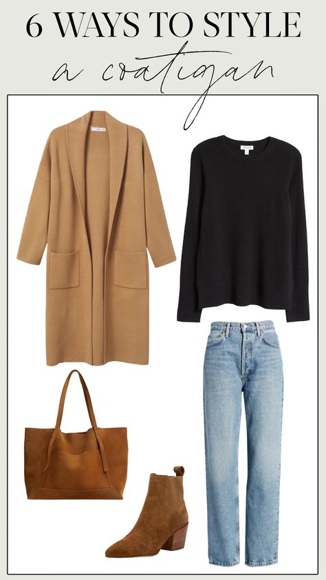 Trend Alert: Coatigans (And 6 Ways to Wear Them!) Long Cardigan Coat Outfit, Cardigan And Coat Outfit, Camel Cardigan Outfit Winter, Carmel Coat Outfit Winter, Winter Cardigan Outfit Casual, Coat Cardigan Outfit, Long Cardigan Styling, Coatigan Outfit Fall, Jean Cardigan Outfit