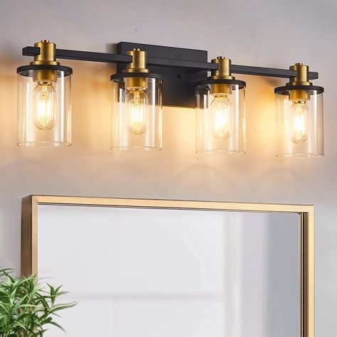 Gold Bathroom Fixtures, Farmhouse Lights, Bathroom Lights Over Mirror, Black Bathroom Light, Black And Gold Bathroom, Modern Style Decor, Bathroom Lights, Light Fixtures Bathroom Vanity, Gold Fixtures