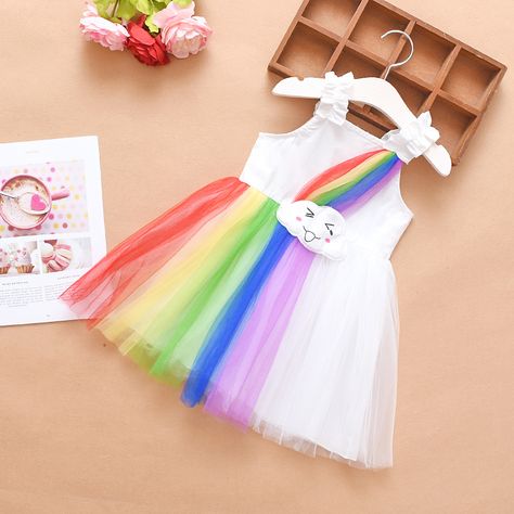 Lovely Rainbow Cloud Decor Sleeveless Flounced Tulle Dress for Girls Rainbow Frocks For Kids, Rainbow Dress Kids, Rainbow Dress Girl, Cloud Decor, Baby Fancy Dress, Frocks For Kids, Kids Clothes Diy