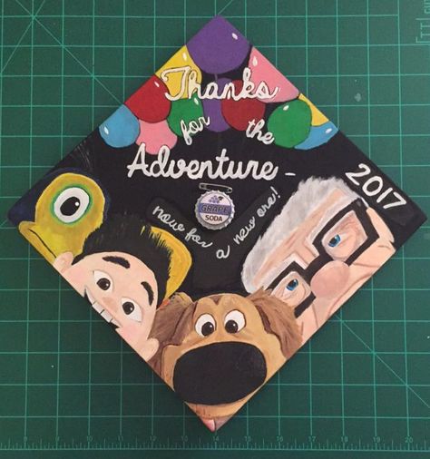 Inside Out Graduation Cap Ideas, Graduation Cap Designs Up Disney, Painting Graduation Cap, High School Graduation Cap Designs Disney, Graduation Cap Designs Painted, Monsters Inc Graduation Cap, Painted Caps For Graduation, South Park Graduation Cap, Graduation Cap Painted