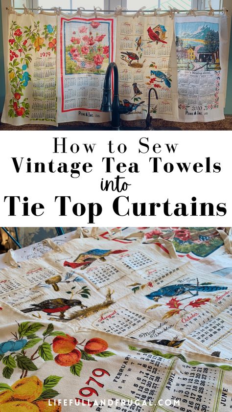 Repurpose Tea Towels, Curtains Made From Dish Towels, Upcycled Tea Towel, Vintage Tea Towel Display, How To Display Kitchen Towels, Vintage Dish Towels, Tea Towel Upcycle, Tea Towel Top, Vintage Tea Towels Repurposed