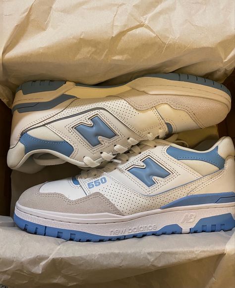 New Balance 550 Blue Haze, New Balance Shoes 550 Blue, New Balance 550 Light Blue, Blue Shoes Aesthetic, Light Blue New Balance, New Balance 550 Blue, Nb Trainers, Blue New Balance Shoes, Shoes Newbalance