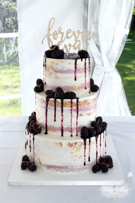 Lemon-Blackberry Semi-Naked Drip Wedding Cake in Delmont, PA - Four Oaks Bakery Blackberry Wedding Cake, Unfrosted Wedding Cake, Blackberry Wedding, Blackberry Buttercream, Gothic Wedding Cake, Unfrosted Cake, Pretty Wedding Cakes, Wedding Cake Roses, Small Wedding Cakes