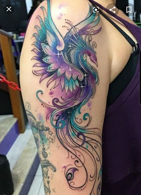 Colorful Dragonfly Tattoo Ideas, Phoenix And Flower Tattoo Feminine, Phenoix Tattoos For Women, Phoenix With Flowers Tattoo, Phoenix Back Tattoo Women, Phenix Tattoo For Women, Phoenix Tattoo Color, Colorful Phoenix Tattoo, Pheonix Tattoo For Women