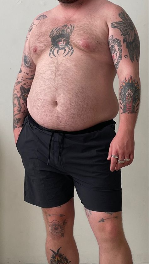 Big guy dad bod chubby guy body positivity shirtless with tattoos Fat People Tattoos, Big Body Reference, Chubby Male Body Reference Drawing, Stretching Drawing Reference, Dad Body Reference, Chubby Man Reference, Fat Man Reference, Dad Bod Reference, Male Body Reference Models